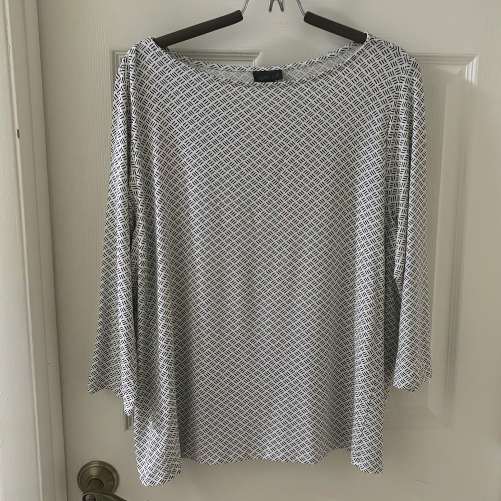 J Jill Wearever Top Women XL Black White Geometric Boat Neck Stretch Rayon